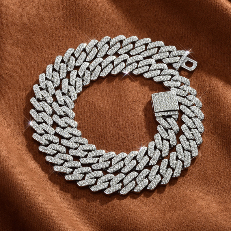 14 mm-es, rúd alakú kubai lánccal ellátott, keresztezett, divatos, könnyű, luxus, merész, teljes gyémántokkal kirakott nyaklánc, kifejezetten gyémánt berakáshoz tervezve.