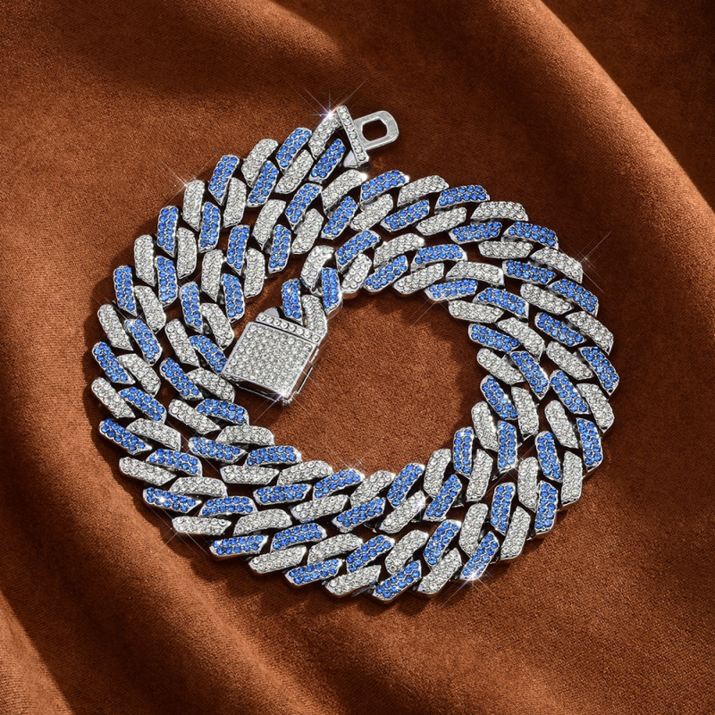 14 mm-es, rúd alakú kubai lánccal ellátott, keresztezett, divatos, könnyű, luxus, merész, teljes gyémántokkal kirakott nyaklánc, kifejezetten gyémánt berakáshoz tervezve.