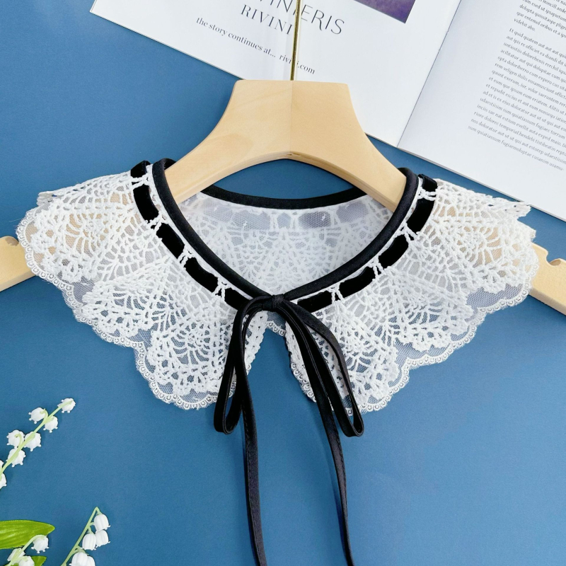 Jauna piena zīda dubultslāņu lolita salda organza mākslīgā apkakle mežģīņu melna siksna savienojoša apkakle zieds