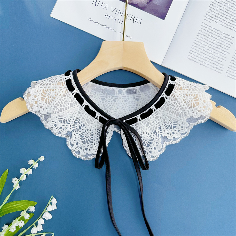 Uus piimasiidist kahekihiline lolita magus organza võltskrae pitsist musta võrkkangaga ühendamise krae lillega