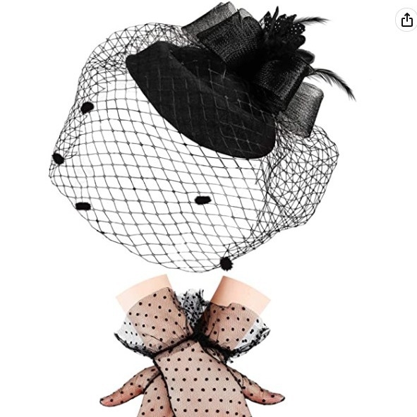 Vintage hálós fejdísz, hajdísz szett, 2 darabos fejdísz, kesztyű, légiutas-kísérő cilinder, hajtűs fejdísz, kalap, hajtűs tészta