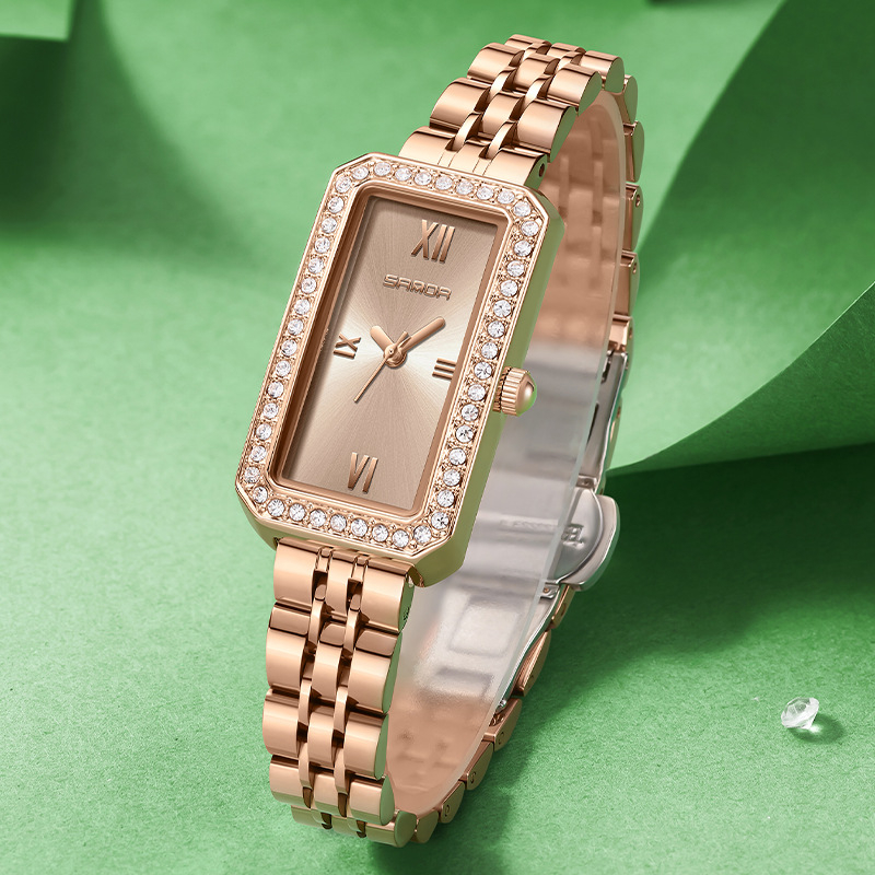 Naiste pikk ruudukujuline käekell 2024 uus teemantidega kaetud kvartskell, moodne universaalne veekindel loodete vöö