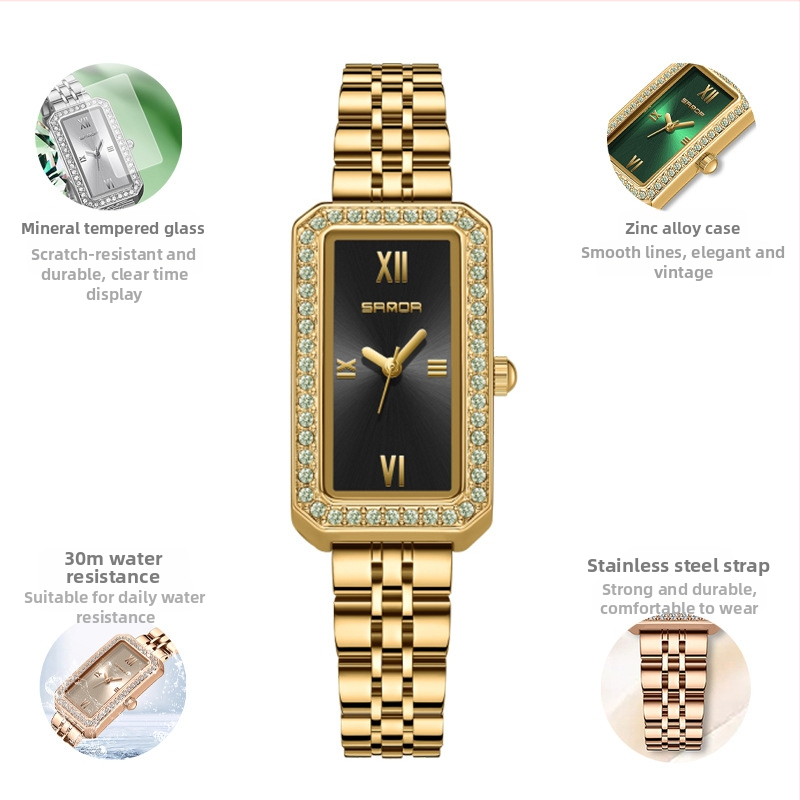 Naiste pikk ruudukujuline käekell 2024 uus teemantidega kaetud kvartskell, moodne universaalne veekindel loodete vöö