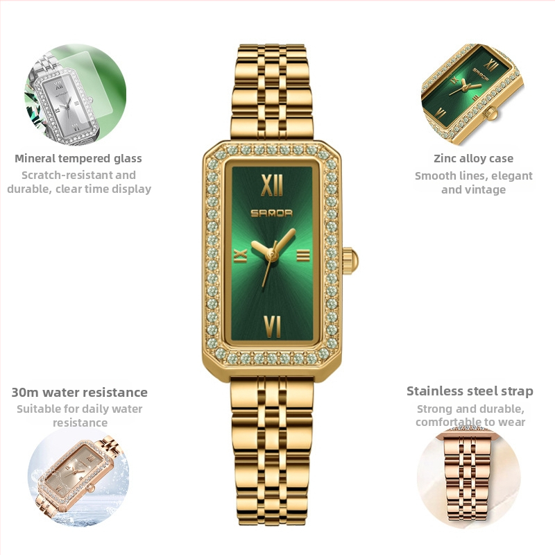 Naiste pikk ruudukujuline käekell 2024 uus teemantidega kaetud kvartskell, moodne universaalne veekindel loodete vöö