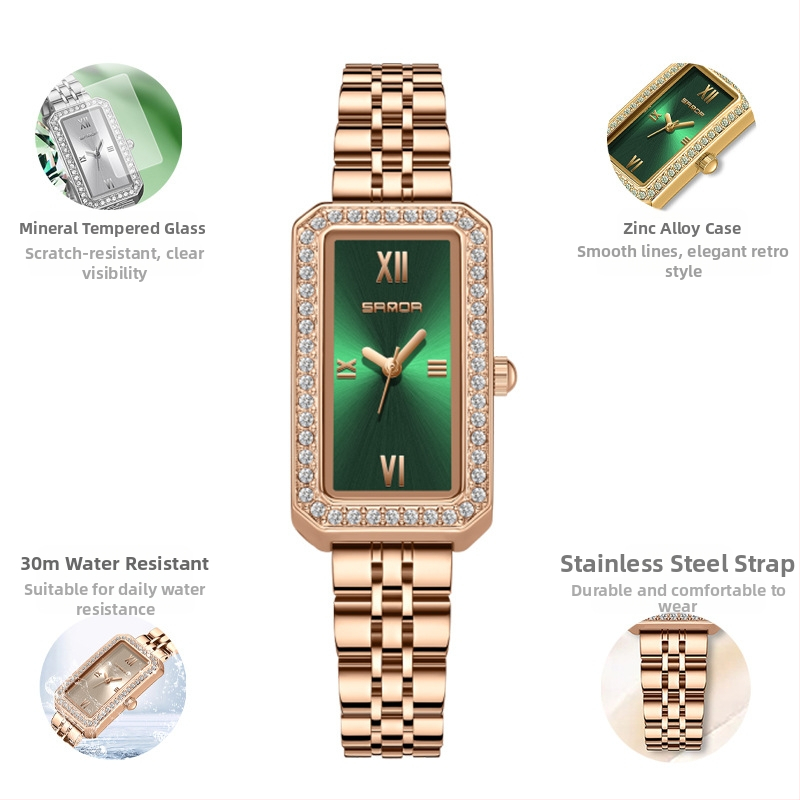 Naiste pikk ruudukujuline käekell 2024 uus teemantidega kaetud kvartskell, moodne universaalne veekindel loodete vöö