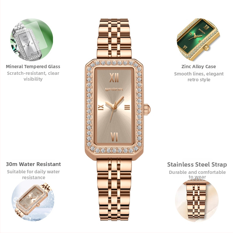 Naiste pikk ruudukujuline käekell 2024 uus teemantidega kaetud kvartskell, moodne universaalne veekindel loodete vöö