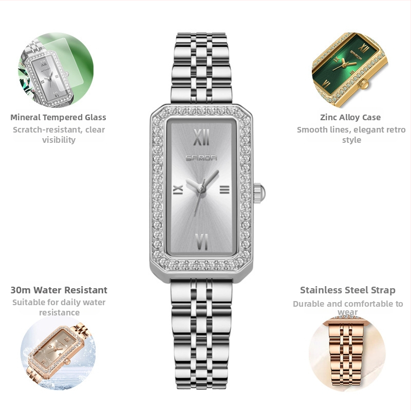 Naiste pikk ruudukujuline käekell 2024 uus teemantidega kaetud kvartskell, moodne universaalne veekindel loodete vöö