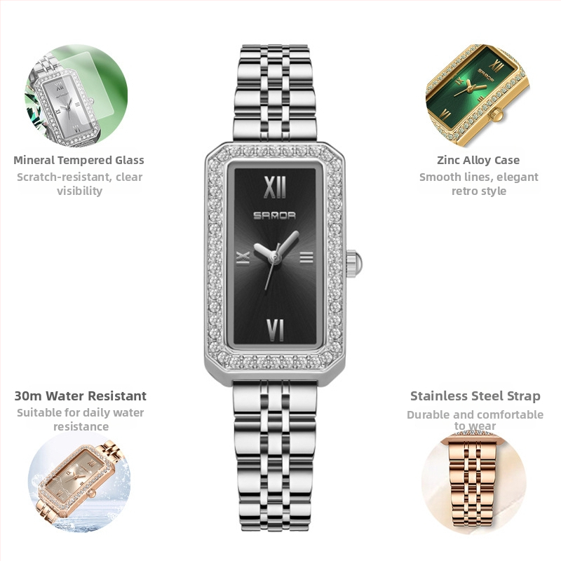 Naiste pikk ruudukujuline käekell 2024 uus teemantidega kaetud kvartskell, moodne universaalne veekindel loodete vöö