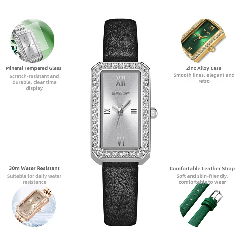 Naiste pikk ruudukujuline käekell 2024 uus teemantidega kaetud kvartskell, moodne universaalne veekindel loodete vöö