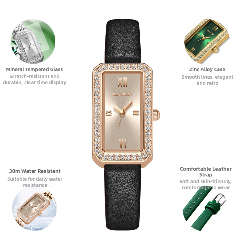 Naiste pikk ruudukujuline käekell 2024 uus teemantidega kaetud kvartskell, moodne universaalne veekindel loodete vöö