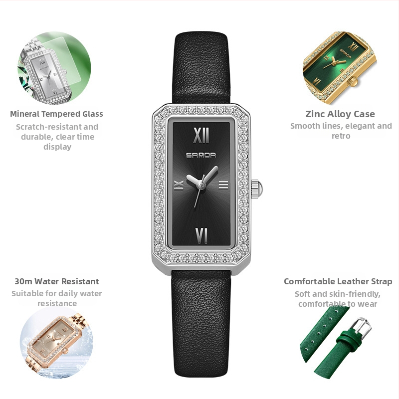 Naiste pikk ruudukujuline käekell 2024 uus teemantidega kaetud kvartskell, moodne universaalne veekindel loodete vöö