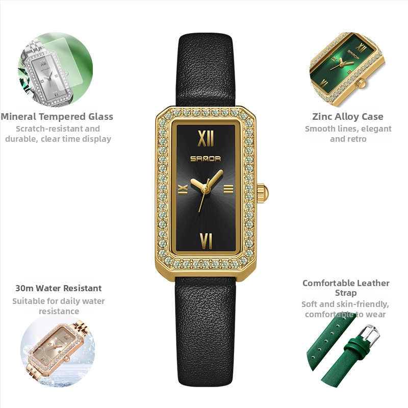 Naiste pikk ruudukujuline käekell 2024 uus teemantidega kaetud kvartskell, moodne universaalne veekindel loodete vöö