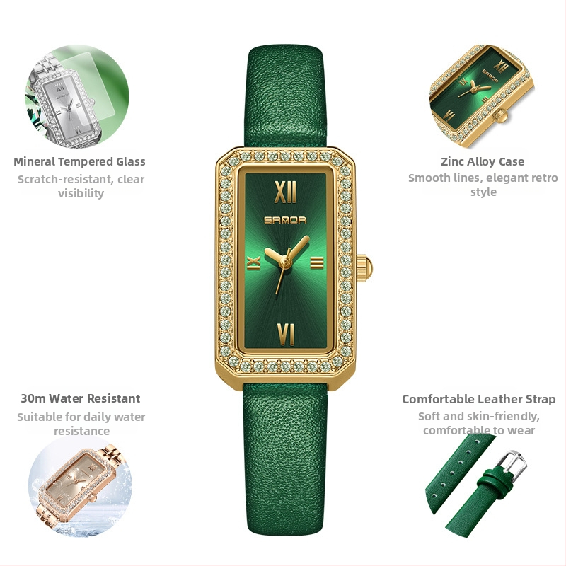 Naiste pikk ruudukujuline käekell 2024 uus teemantidega kaetud kvartskell, moodne universaalne veekindel loodete vöö