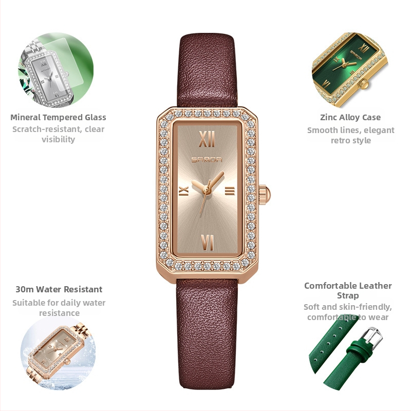 Naiste pikk ruudukujuline käekell 2024 uus teemantidega kaetud kvartskell, moodne universaalne veekindel loodete vöö