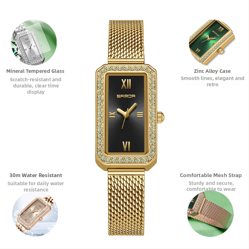 Naiste pikk ruudukujuline käekell 2024 uus teemantidega kaetud kvartskell, moodne universaalne veekindel loodete vöö