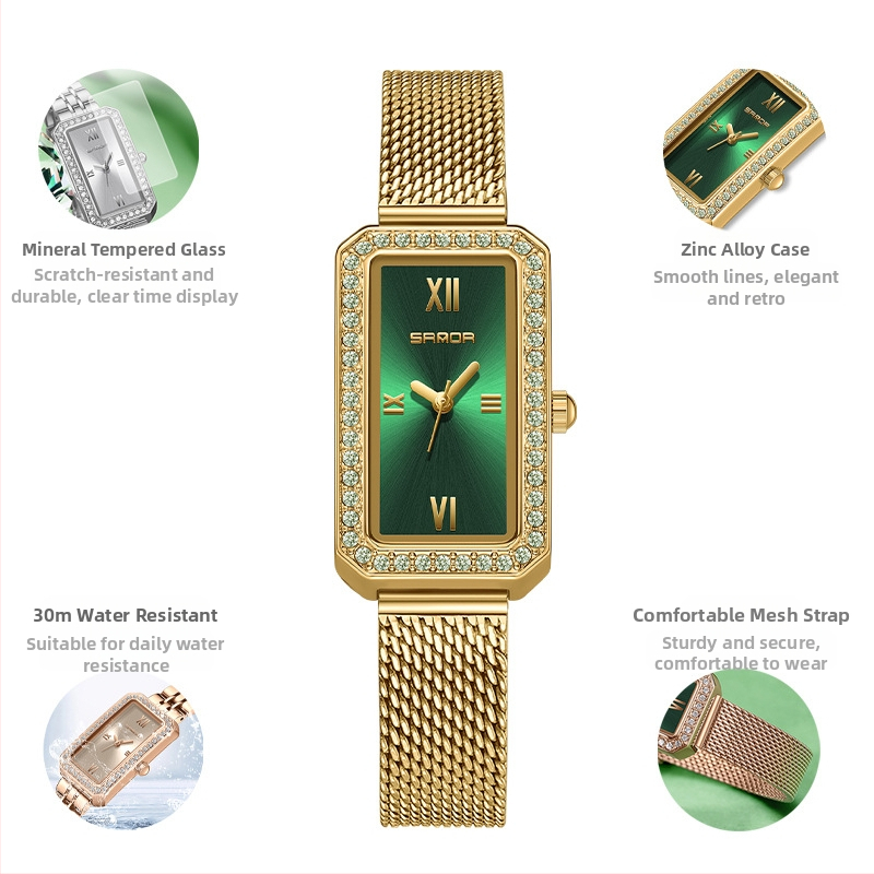 Naiste pikk ruudukujuline käekell 2024 uus teemantidega kaetud kvartskell, moodne universaalne veekindel loodete vöö