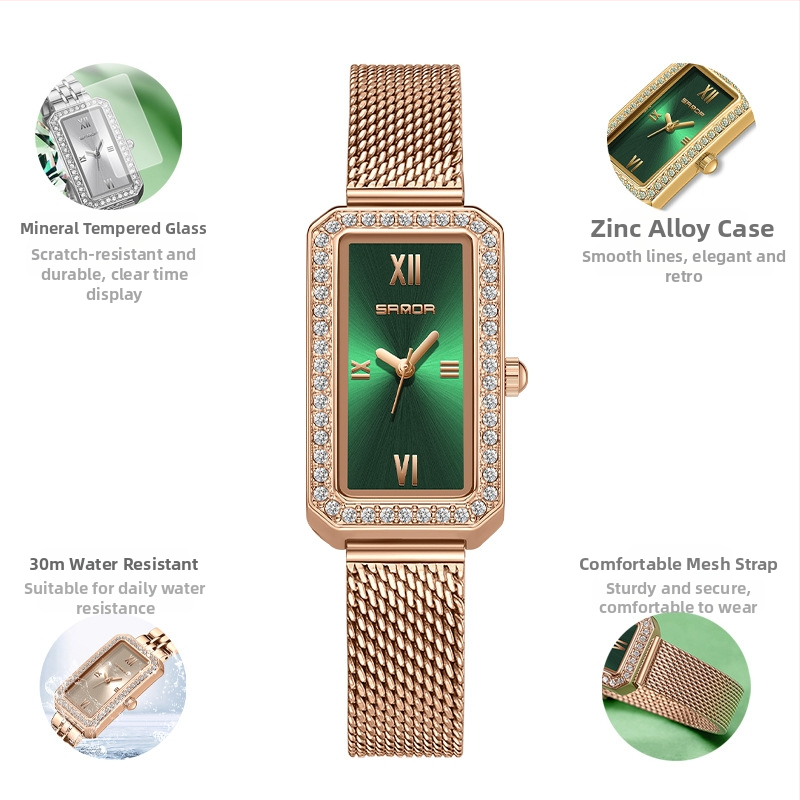 Naiste pikk ruudukujuline käekell 2024 uus teemantidega kaetud kvartskell, moodne universaalne veekindel loodete vöö