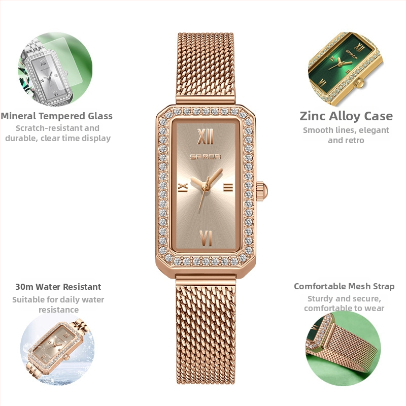 Naiste pikk ruudukujuline käekell 2024 uus teemantidega kaetud kvartskell, moodne universaalne veekindel loodete vöö