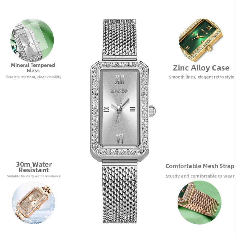 Naiste pikk ruudukujuline käekell 2024 uus teemantidega kaetud kvartskell, moodne universaalne veekindel loodete vöö