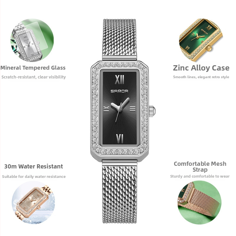 Naiste pikk ruudukujuline käekell 2024 uus teemantidega kaetud kvartskell, moodne universaalne veekindel loodete vöö