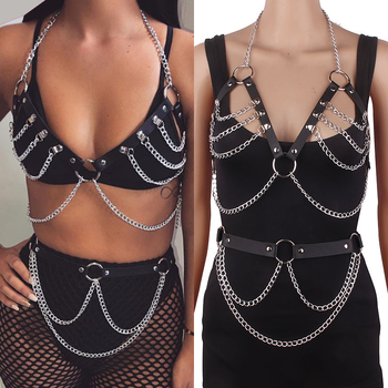 Ευρωπαϊκός και Αμερικανικός συνδυασμός διασυνοριακών εκρήξεων Σέξι υπερβολική αυχενική ζώνη Αλυσίδα στήθους Αλυσίδα μέσης Δερμάτινη αλυσίδα από κράμα Κοσμήματα πολλαπλών στρώσεων με φούντες