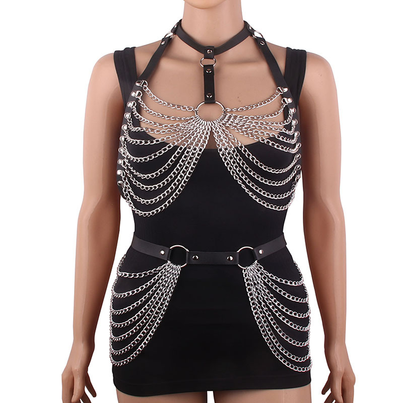 Európai és amerikai határokon átnyúló robbanások kombinációja szexi eltúlzott nyakpánt mellkasi lánc deréklánc bőr ötvözet lánc többrétegű bojtos ékszerek
