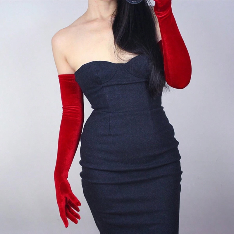 Europietiškos ir amerikietiškos tarpvalstybinės mados seksualios ilgos rutulinės auksinės aksominės vakarinės suknelės šiltos pirštinės pokylių vakarėlio etiketo pirštinės