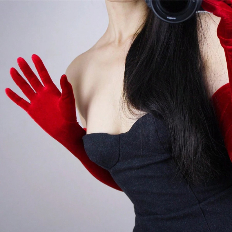 Europietiškos ir amerikietiškos tarpvalstybinės mados seksualios ilgos rutulinės auksinės aksominės vakarinės suknelės šiltos pirštinės pokylių vakarėlio etiketo pirštinės