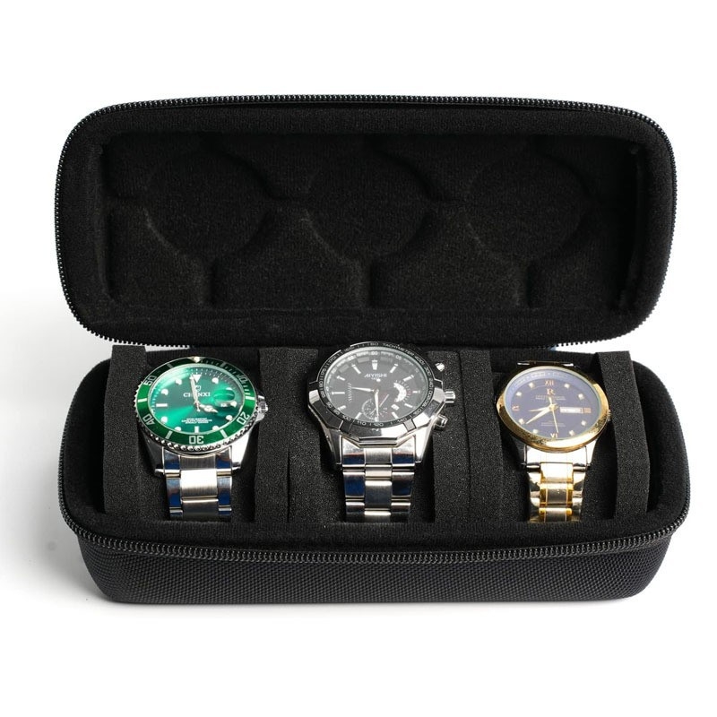 Tiesioginio gamyklinio pardavimo Eva laikrodžių dėžutė, atspari vandeniui ir kritimui, trijų padėčių juodas laikrodžių krepšys, nešiojama Eva laikrodžių laikymo dėžutė.