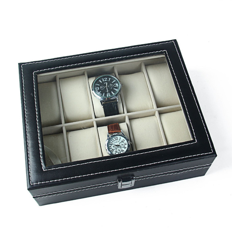 Sandėlyje yra 10 kortelių laikrodžių odinė dėžutė su langeliu laikrodžių pakuotė odinė dėžutė speciali laikrodžių laikymo dėžutė