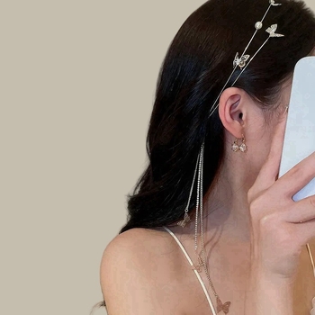 Νέα κορδέλα μαλλιών με διαμάντια και φούντα από πεταλούδα με σχέδιο μαργαριταριού και διαμάντι, χειροποίητα αξεσουάρ μαλλιών από κράμα, κορδέλα Mori υψηλής ποιότητας για τα μαλλιά