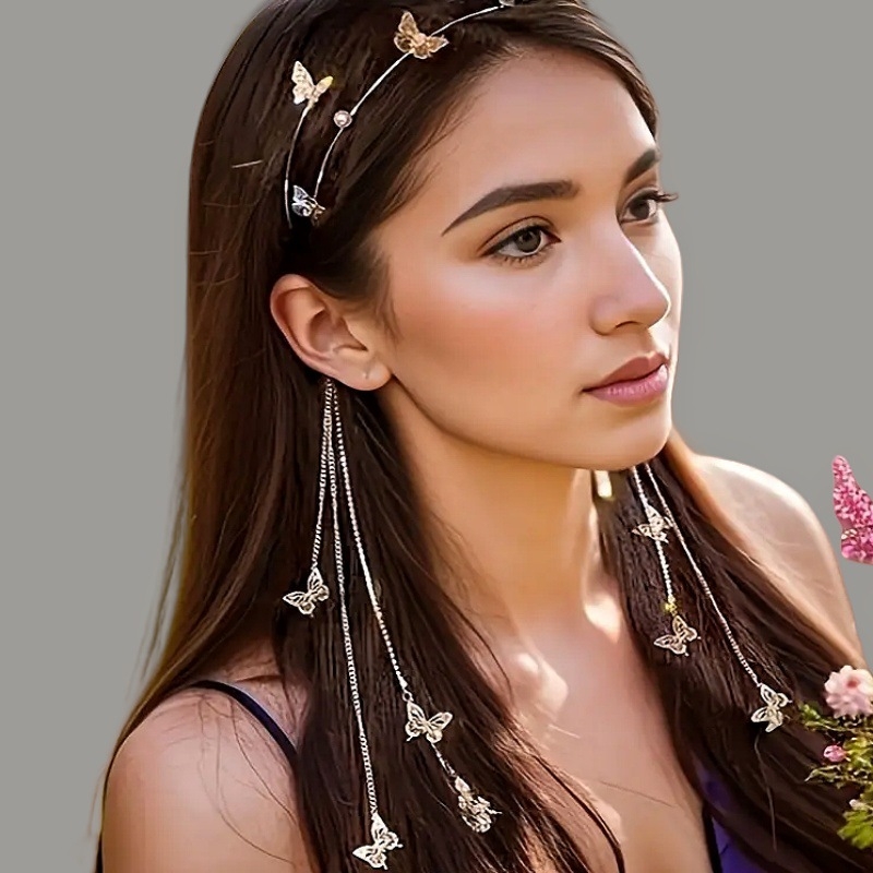 Új gyöngy gyémánt pillangó bojtos hajpánt dizájn kézzel készített ötvözet haj kiegészítők fejpánt mori csúcskategóriás fejfedők