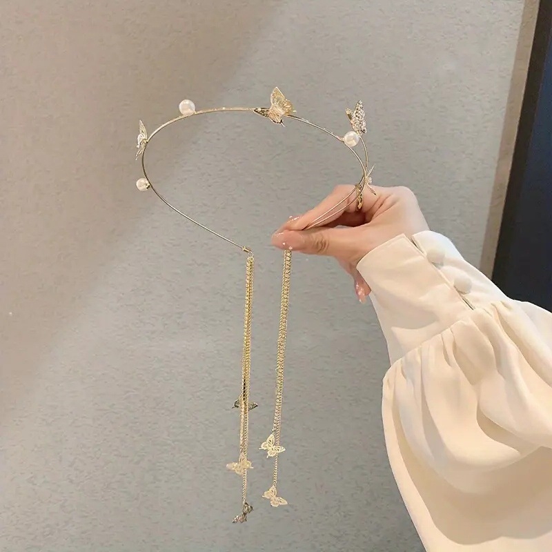 Új gyöngy gyémánt pillangó bojtos hajpánt dizájn kézzel készített ötvözet haj kiegészítők fejpánt mori csúcskategóriás fejfedők