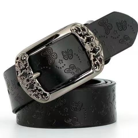 Moteriškas dirbtinės odos diržas su retro raštu, sagtimi ir korėjietiško stiliaus universalios mados laisvalaikio kelnės su plačiu diržu moterims.