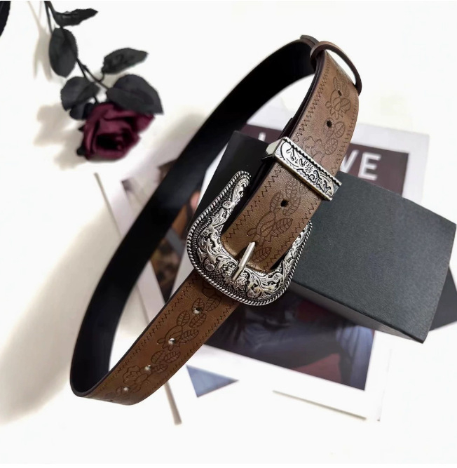 Moteriškas dirbtinės odos diržas su retro raštu, sagtimi ir korėjietiško stiliaus universalios mados laisvalaikio kelnės su plačiu diržu moterims.