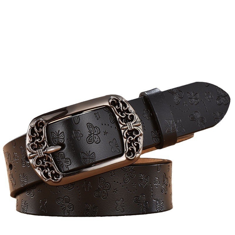 Moteriškas dirbtinės odos diržas su retro raštu, sagtimi ir korėjietiško stiliaus universalios mados laisvalaikio kelnės su plačiu diržu moterims.