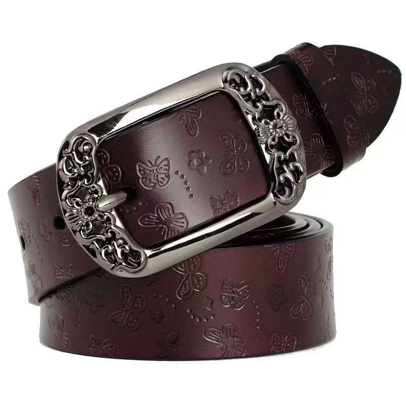 Moteriškas dirbtinės odos diržas su retro raštu, sagtimi ir korėjietiško stiliaus universalios mados laisvalaikio kelnės su plačiu diržu moterims.