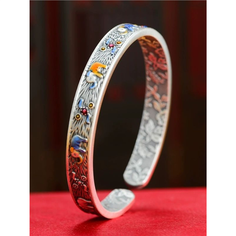 S999 sudraba Gemma ziloņa emaljas atvērta aproce vīriešiem un sievietēm, roku darbs, sena sudraba aproce mātei dāvanai