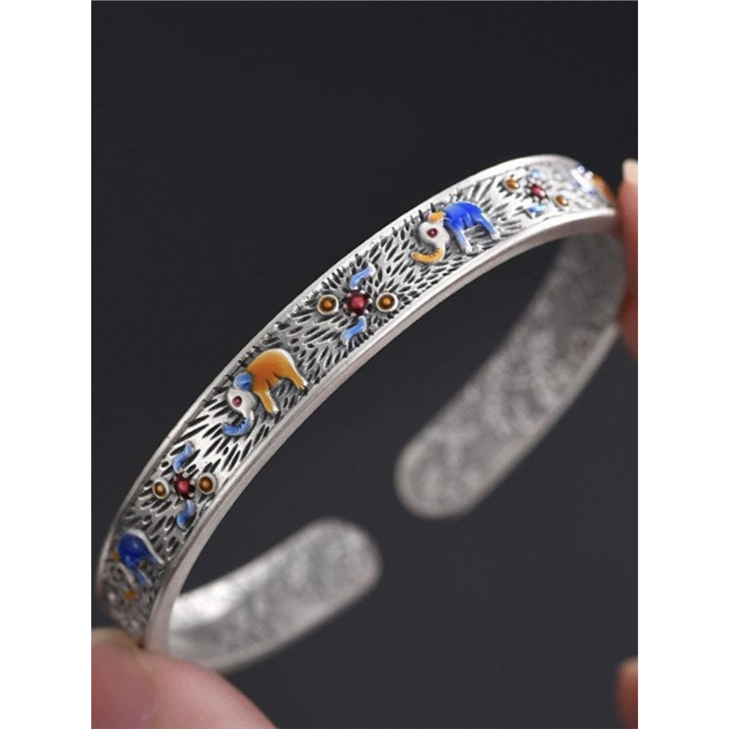 S999 sudraba Gemma ziloņa emaljas atvērta aproce vīriešiem un sievietēm, roku darbs, sena sudraba aproce mātei dāvanai