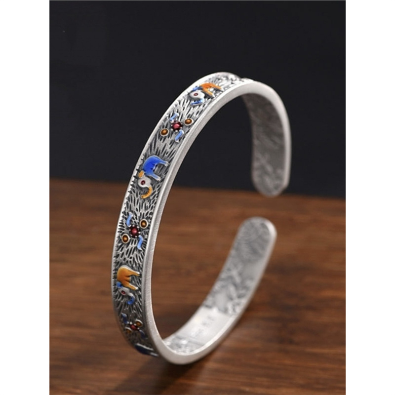 S999 sudraba Gemma ziloņa emaljas atvērta aproce vīriešiem un sievietēm, roku darbs, sena sudraba aproce mātei dāvanai