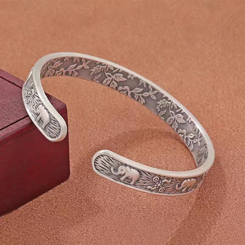 S999 sudraba Gemma ziloņa emaljas atvērta aproce vīriešiem un sievietēm, roku darbs, sena sudraba aproce mātei dāvanai