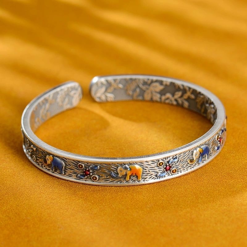 S999 sudraba Gemma ziloņa emaljas atvērta aproce vīriešiem un sievietēm, roku darbs, sena sudraba aproce mātei dāvanai