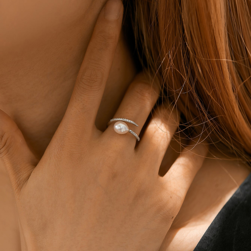 Prsten s prirodnim slatkovodnim biserom od 925 sterling srebra, ovalni, besprijekoran, dijamant, podesivi, otvoreni prsten u obliku slova U, elegantan i izvrstan