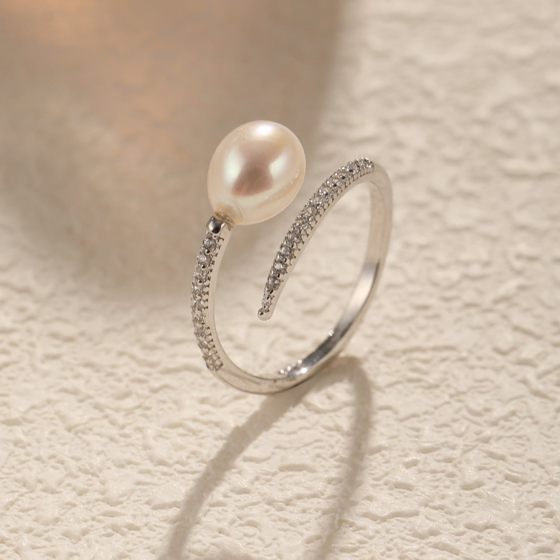 Prsten s prirodnim slatkovodnim biserom od 925 sterling srebra, ovalni, besprijekoran, dijamant, podesivi, otvoreni prsten u obliku slova U, elegantan i izvrstan
