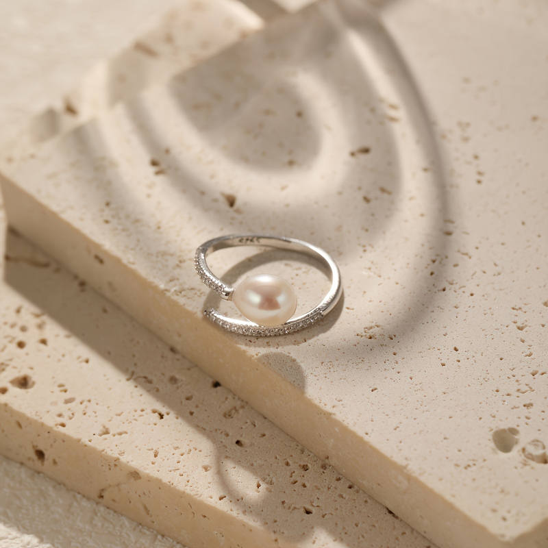 Prsten s prirodnim slatkovodnim biserom od 925 sterling srebra, ovalni, besprijekoran, dijamant, podesivi, otvoreni prsten u obliku slova U, elegantan i izvrstan