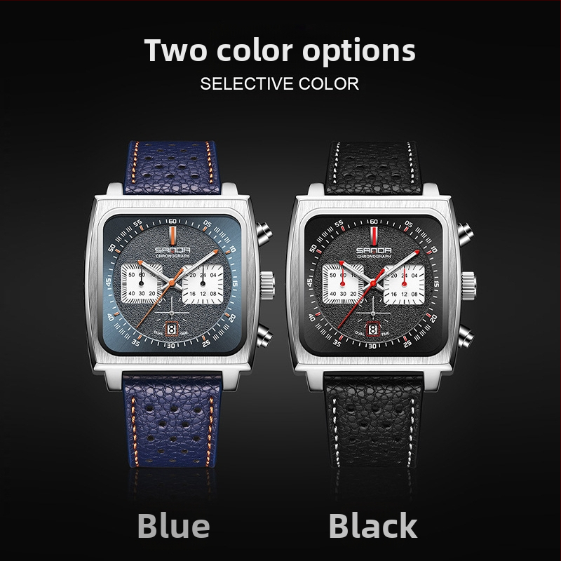 Мъжки часовник Cross-border Explosions 2024 Нов Live Explosions Естествена кожа Квадратен Бизнес Многофункционален Хронограф Кварцов Часовник