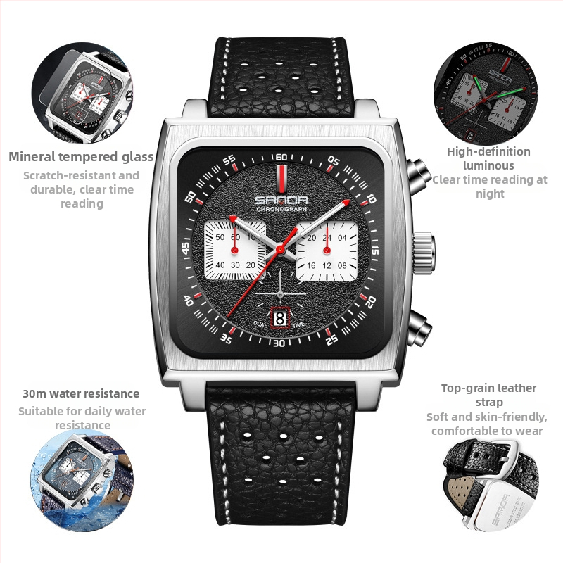 Férfi határokon átnyúló robbanások 2024 új élő robbanások valódi bőr négyzet alakú üzleti multifunkcionális kronográf kvarcóra