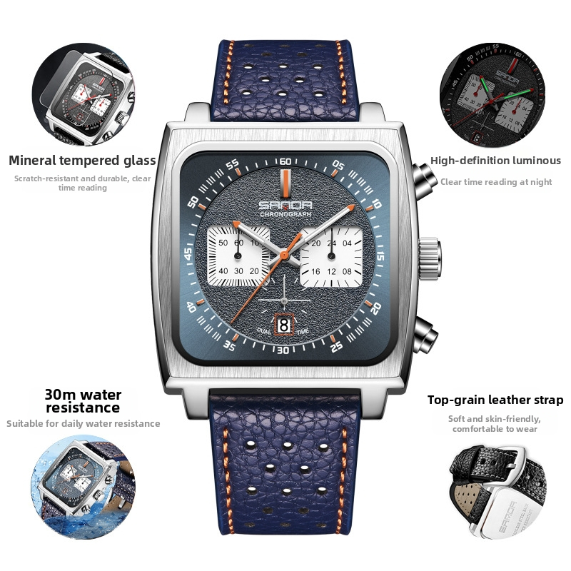 Férfi határokon átnyúló robbanások 2024 új élő robbanások valódi bőr négyzet alakú üzleti multifunkcionális kronográf kvarcóra