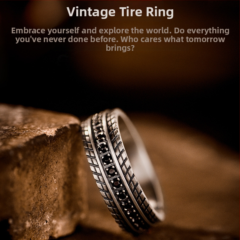 Huayoule új kerékgyűrű férfi divatos személyiségű retró berakásos kő gumiabroncs-nyílás-állító fiú gyűrű