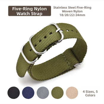 Kvaliteetne viie rõngaga nailonrihmaga ühevärviline lõuendist kellarihm 18 20 22 24 mm ühevärviline kootud käevõru laos.